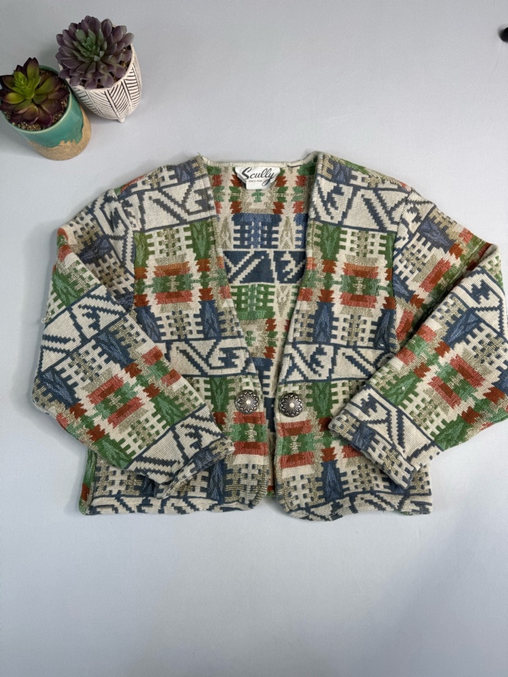 Scully since 1906 Vintage Cream Bolero Green, Blue & Rust Aztec Inspired Western